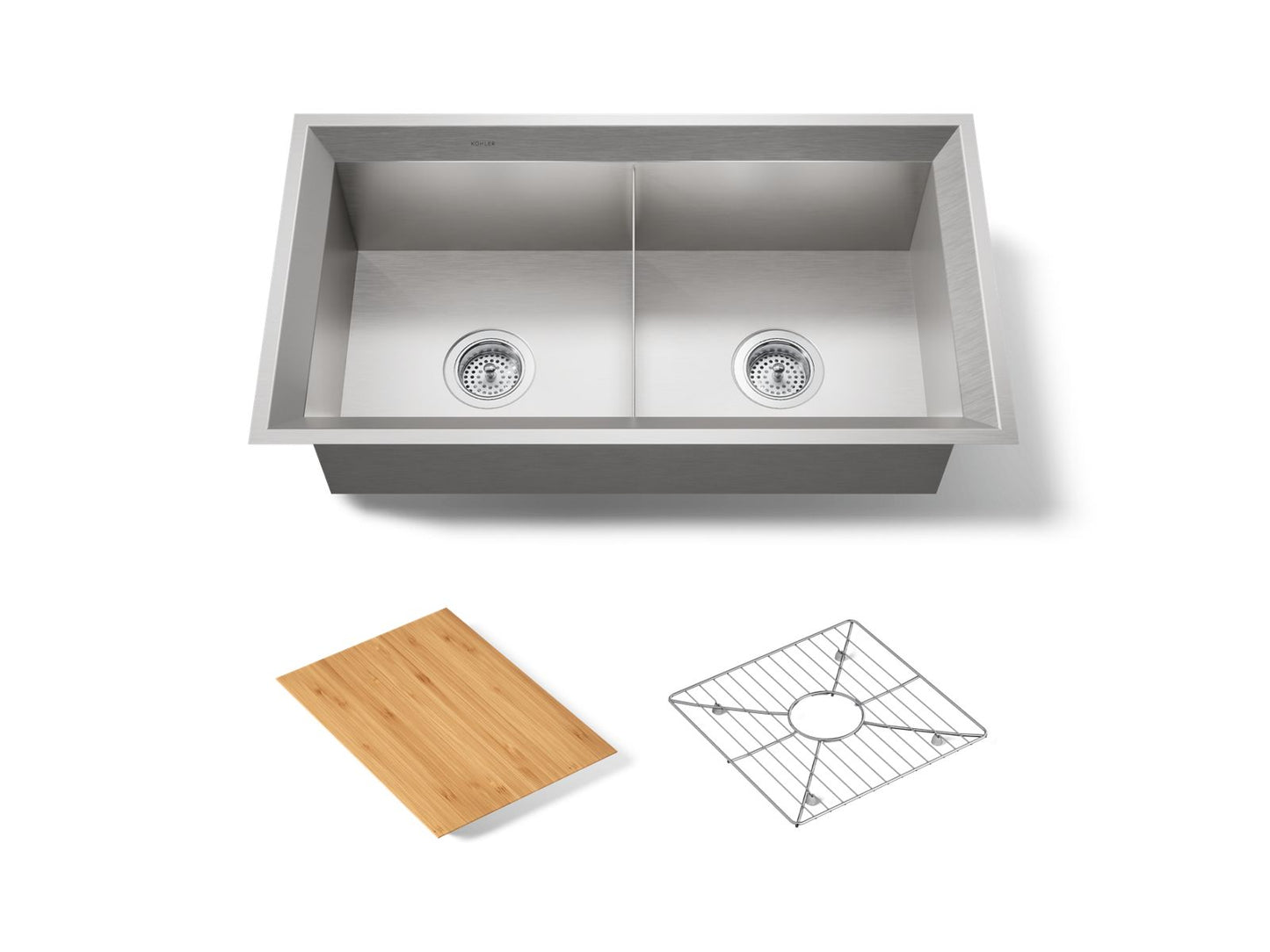 KOHLER K-3159-NA Poise 33" x 18" x 9-1/2" Undermount double-equal bowl kitchen sink, includes cutting board and rack