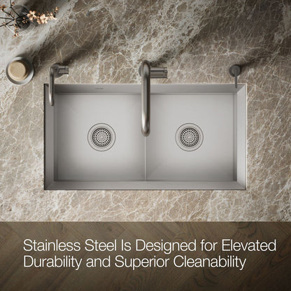 KOHLER K-3159-NA Poise 33" x 18" x 9-1/2" Undermount double-equal bowl kitchen sink, includes cutting board and rack