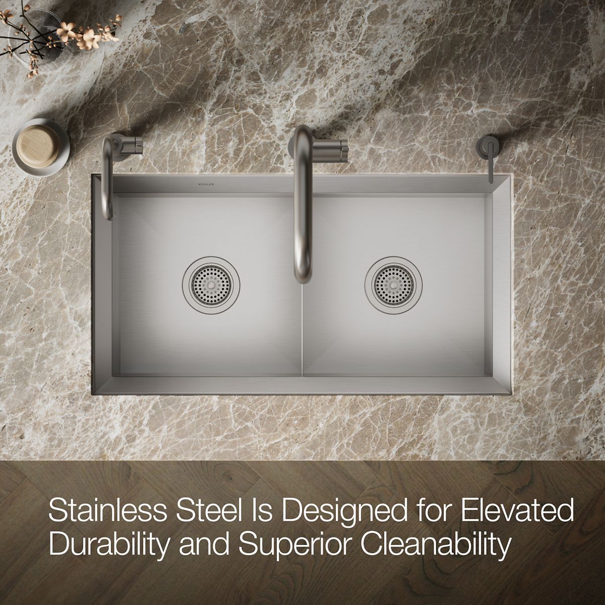 KOHLER K-3159-NA Poise 33" x 18" x 9-1/2" Undermount double-equal bowl kitchen sink, includes cutting board and rack
