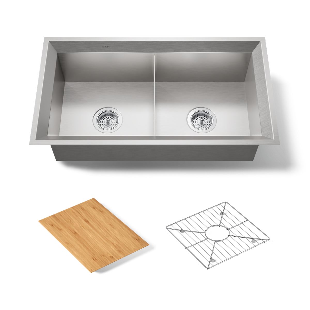 KOHLER K-3159-NA Poise 33" x 18" x 9-1/2" Undermount double-equal bowl kitchen sink, includes cutting board and rack