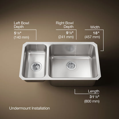 KOHLER K-3174-L Undertone 31-1/2" undermount double-bowl kitchen sink
