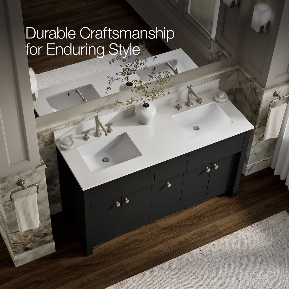 KOHLER Alouette™ 60" bathroom vanity cabinet with sinks and quartz top