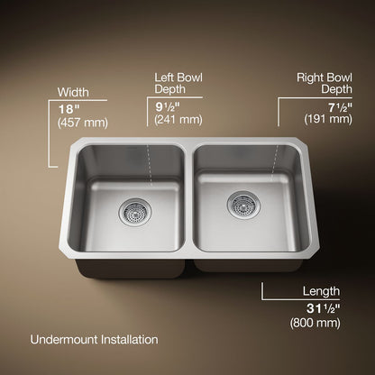 KOHLER K-3351 Undertone 31-1/2" undermount double-bowl kitchen sink