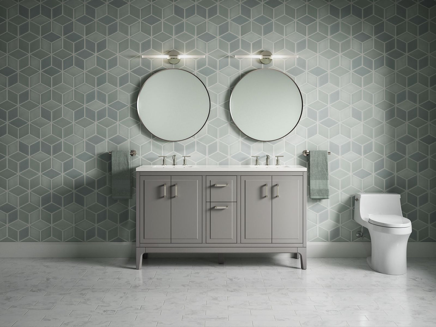 KOHLER K-33555-ASB Seer 60" bathroom vanity cabinet with sinks and quartz top