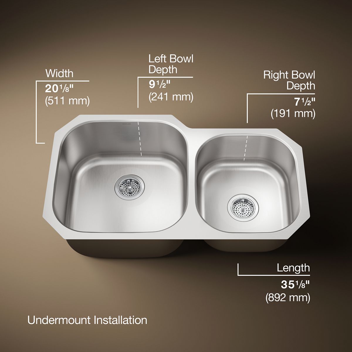 KOHLER K-3356 Undertone 35-1/4 undermount double-bowl kitchen sink