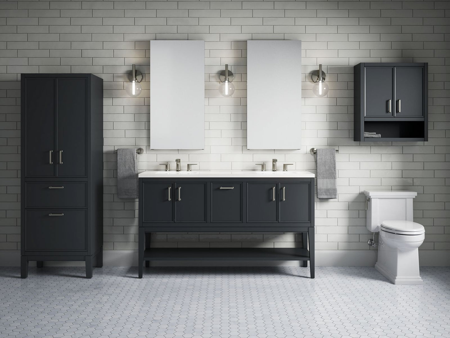 KOHLER K-33581-ASB Winnow 60" bathroom vanity cabinet with sinks and quartz top