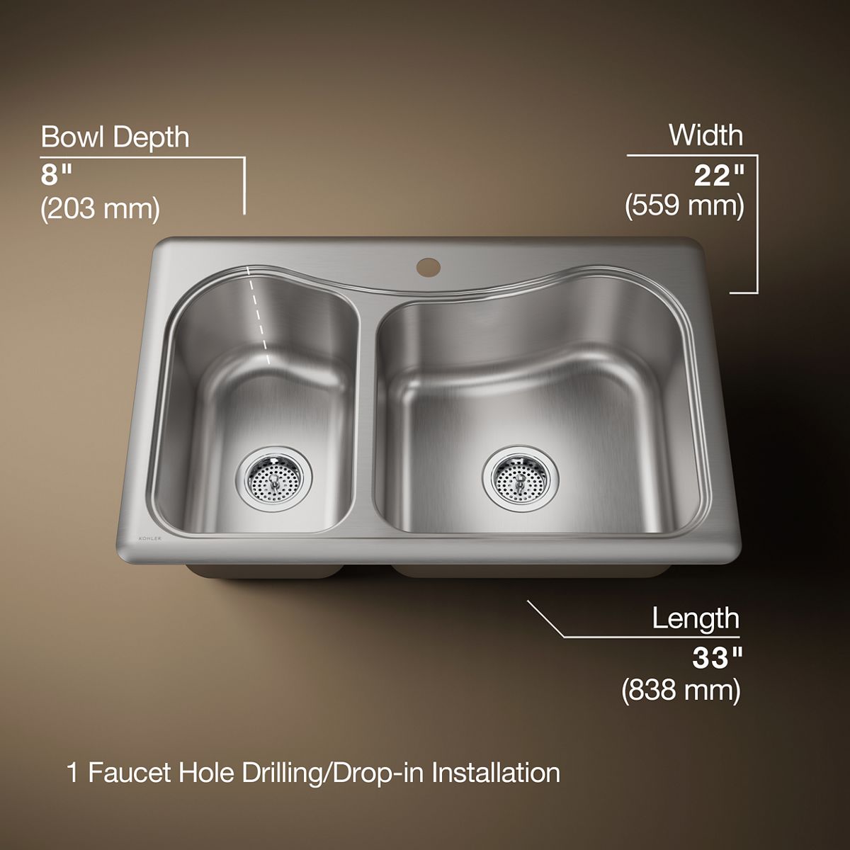 KOHLER K-3361-1 Staccato 33" top-mount double-bowl kitchen sink