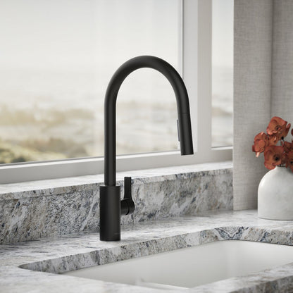 KOHLER K-34906 Elate Pull-down Kitchen Sink Faucet with Two-function Sprayhead, Matte Black - Shows close up detail of produc