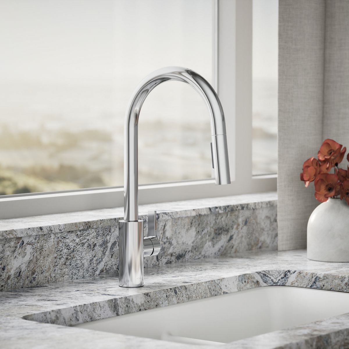 KOHLER K-34906 Elate Pull-down Kitchen Sink Faucet with Two-function Sprayhead, Polished Chrome - Shows close up detail of pr