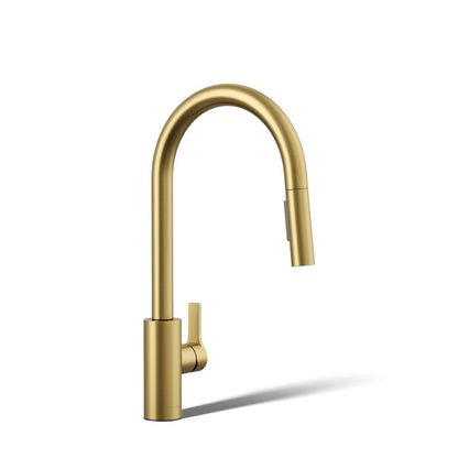 KOHLER K-34906 Elate Pull-down Kitchen Sink Faucet with Two-function Sprayhead, Vibrant Brushed Moderne Brass - 3/4 view of p