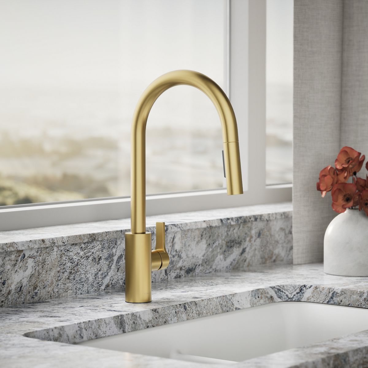 KOHLER K-34906 Elate Pull-down Kitchen Sink Faucet with Two-function Sprayhead, Vibrant Brushed Moderne Brass - Shows close u