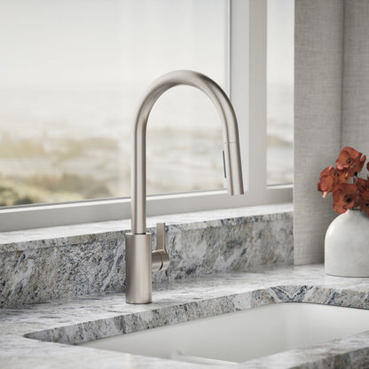 KOHLER K-34906 Elate Pull-down Kitchen Sink Faucet with Two-function Sprayhead, Vibrant Stainless - Shows close up detail of 
