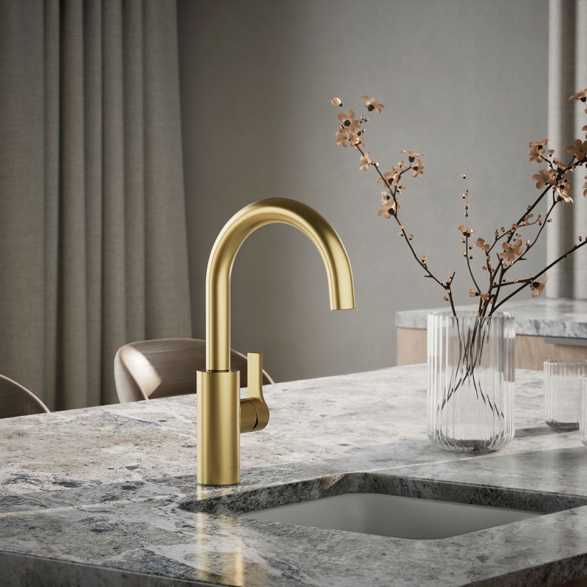 KOHLER K-34908 Elate Single-handle Bar Sink Faucet, Vibrant Brushed Moderne Brass - Shows close up detail of product in room