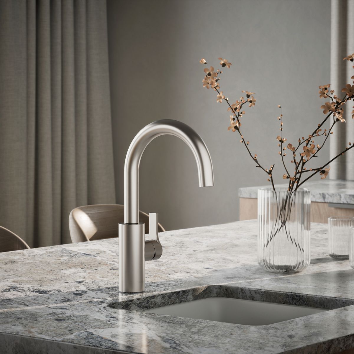 KOHLER K-34908 Elate Single-handle Bar Sink Faucet, Vibrant Stainless - Shows close up detail of product in room