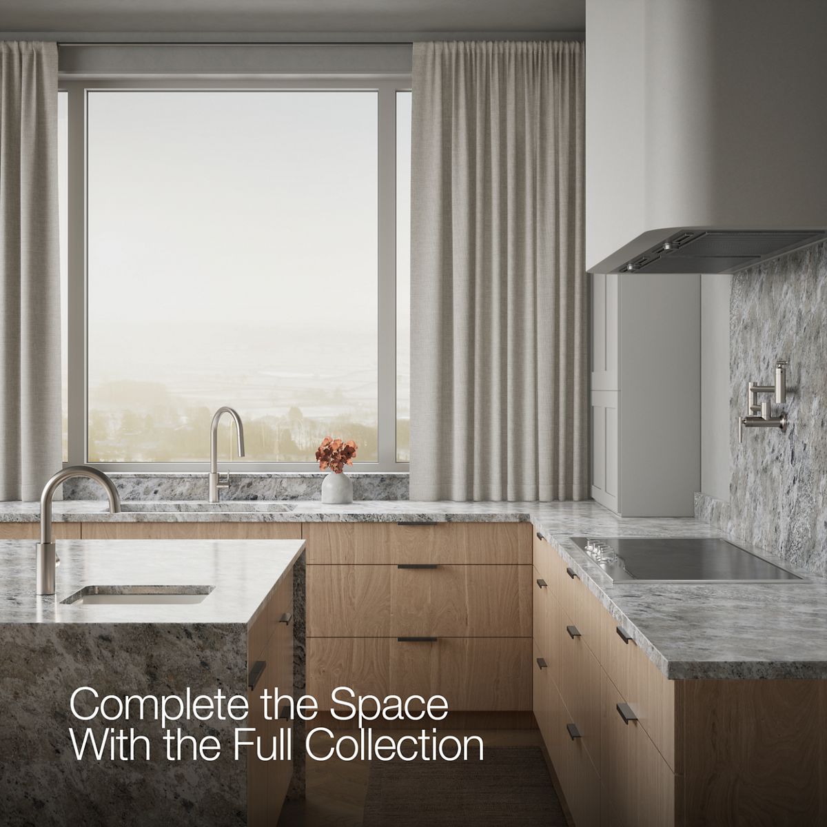Up to 2 walls & multiple product categories visible, 1-point perspective