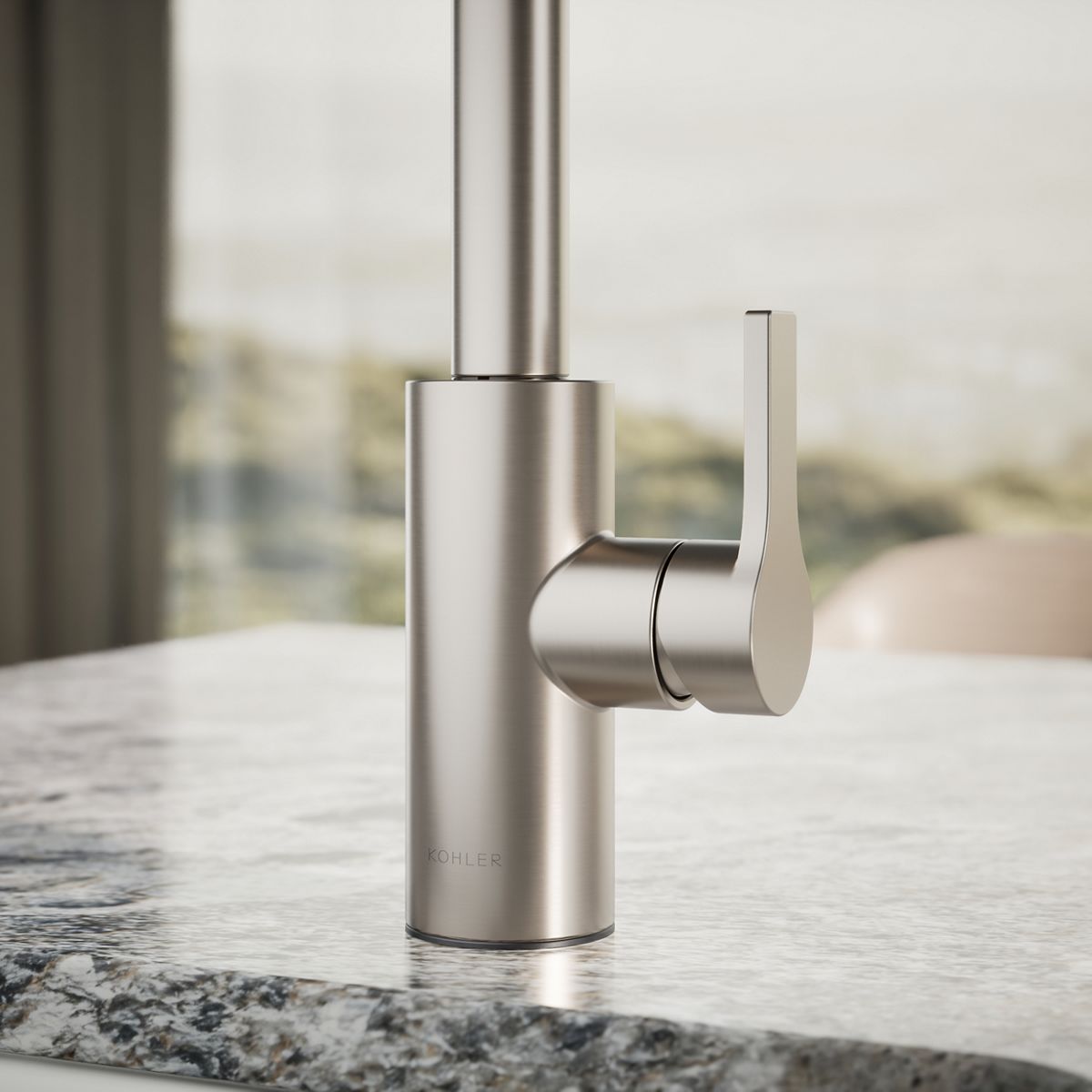 KOHLER K-34908 Elate Single-handle Bar Sink Faucet, Vibrant Stainless - close-up view of product detail function