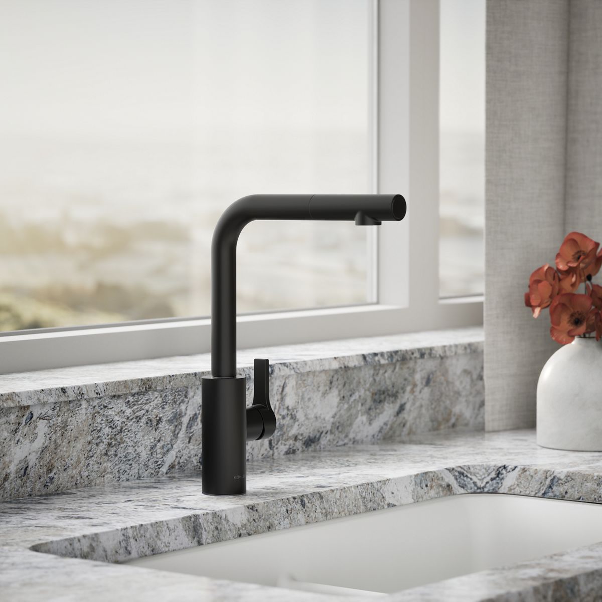 KOHLER K-34909 Elate Pull-out Kitchen Sink Faucet with Two-function Sprayhead, Matte Black - Shows close up detail of product