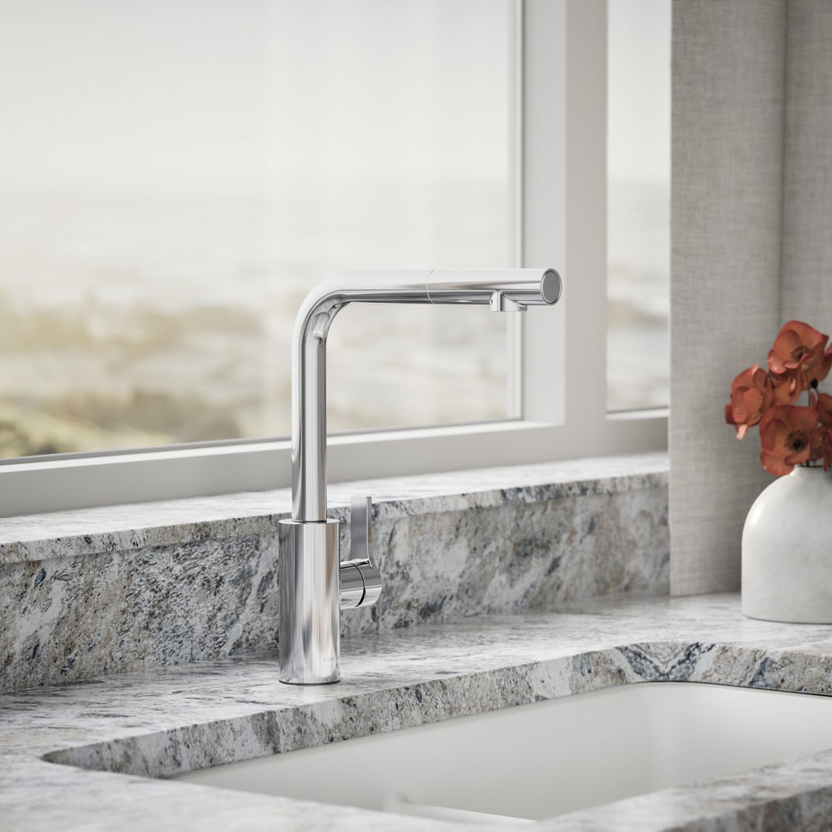 KOHLER K-34909 Elate Pull-out Kitchen Sink Faucet with Two-function Sprayhead, Polished Chrome - Shows close up detail of pro