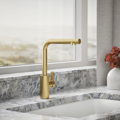 KOHLER K-34909 Elate Pull-out Kitchen Sink Faucet with Two-function Sprayhead, Vibrant Brushed Moderne Brass - Shows close up