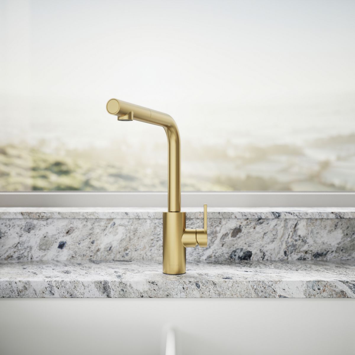 KOHLER K-34909 Elate Pull-out Kitchen Sink Faucet with Two-function Sprayhead, Vibrant Brushed Moderne Brass - image focused 