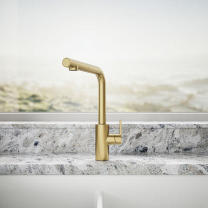 KOHLER K-34909 Elate Pull-out Kitchen Sink Faucet with Two-function Sprayhead, Vibrant Brushed Moderne Brass - image focused 