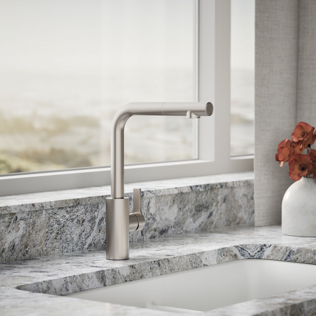 KOHLER K-34909 Elate Pull-out Kitchen Sink Faucet with Two-function Sprayhead, Vibrant Stainless - Shows close up detail of p