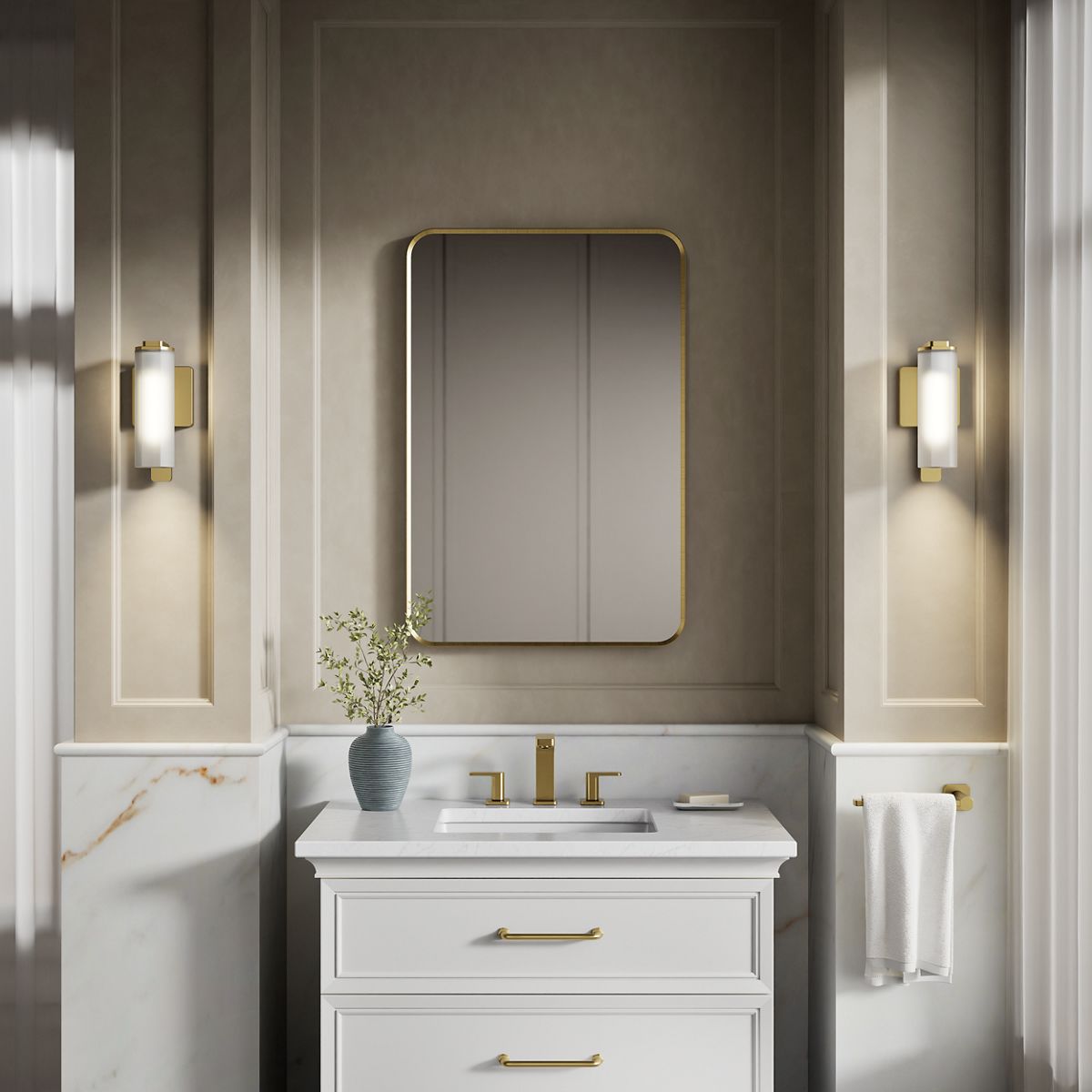 KOHLER K-35113-SC01 Parallel One-light Sconce, Brushed Moderne Brass - Products in use in close room view