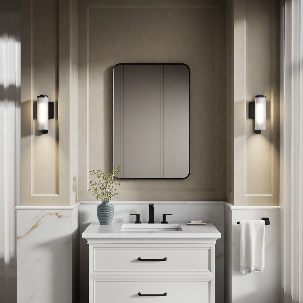 KOHLER K-35113-SC01 Parallel One-light Sconce, Matte Black - Products in use in close room view