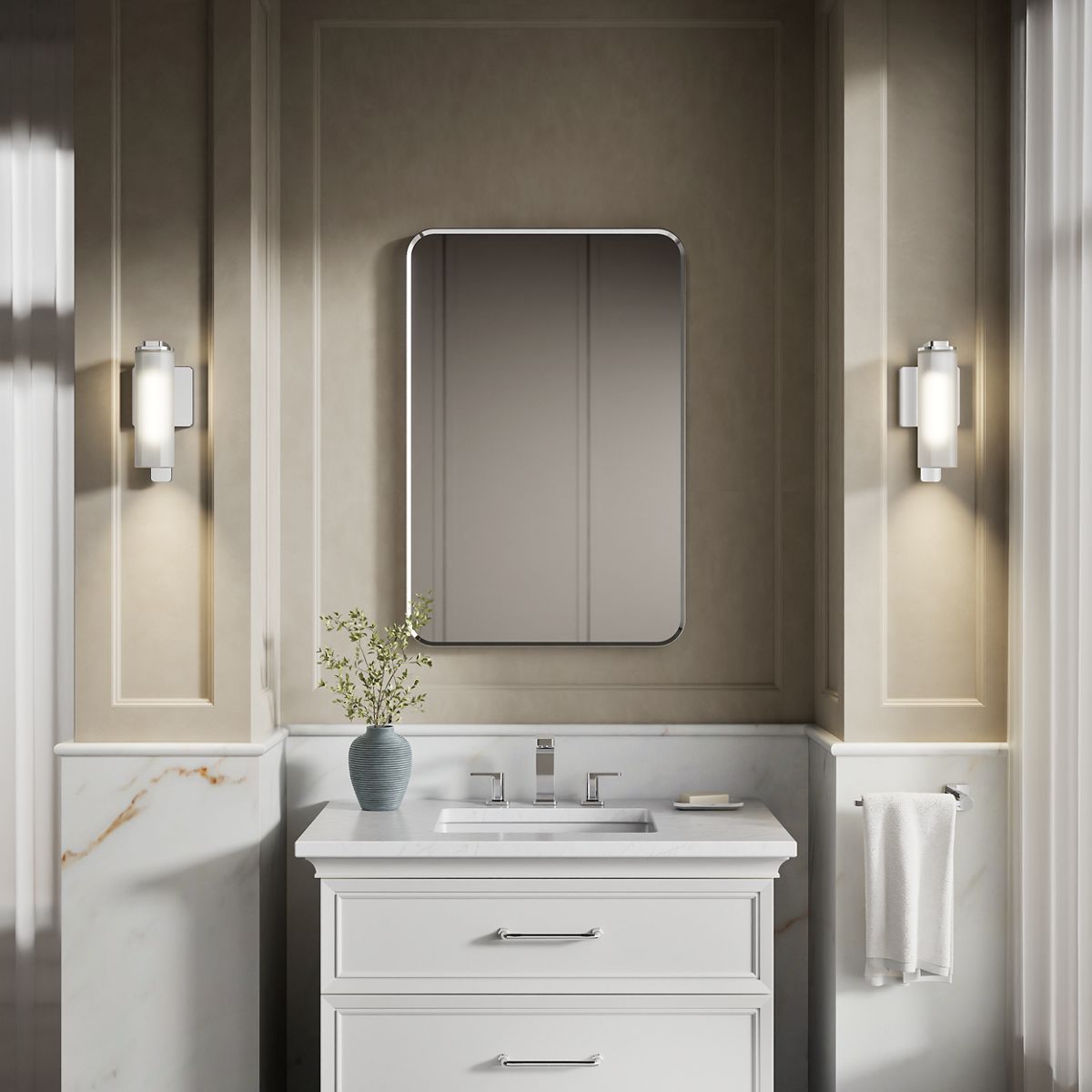 KOHLER K-35113-SC01 Parallel One-light Sconce, Polished Chrome - Products in use in close room view