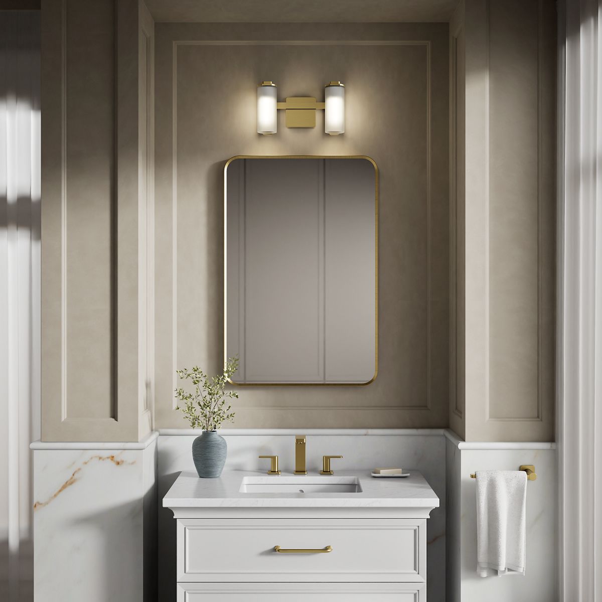 KOHLER K-35114-SC02 Parallel Two-light Sconce, Brushed Moderne Brass - Products in use in close room view