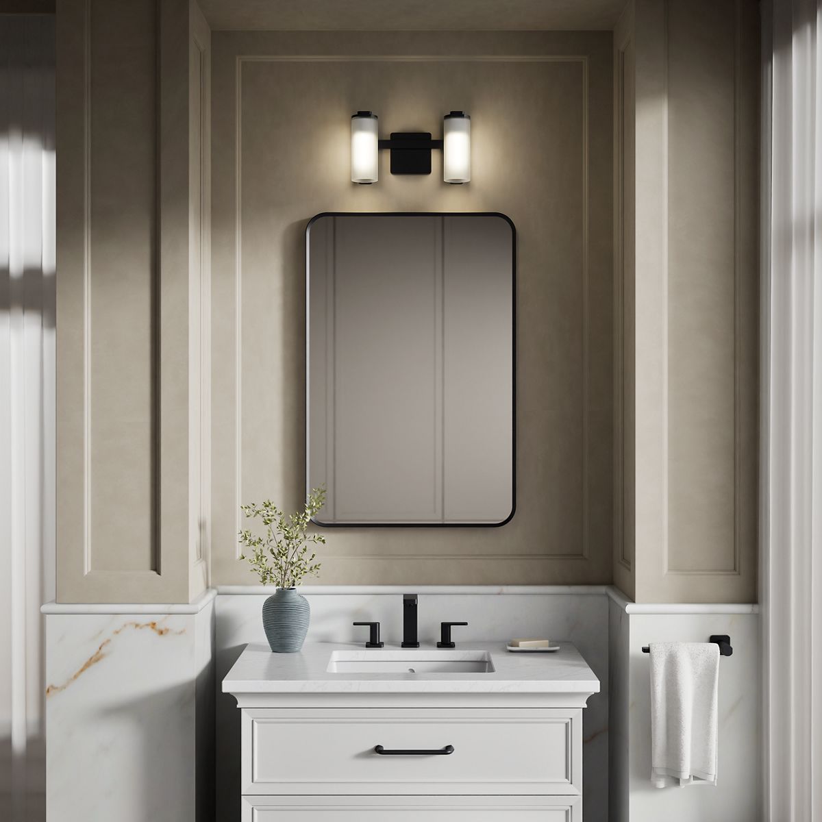 KOHLER K-35114-SC02 Parallel Two-light Sconce, Matte Black - Products in use in close room view