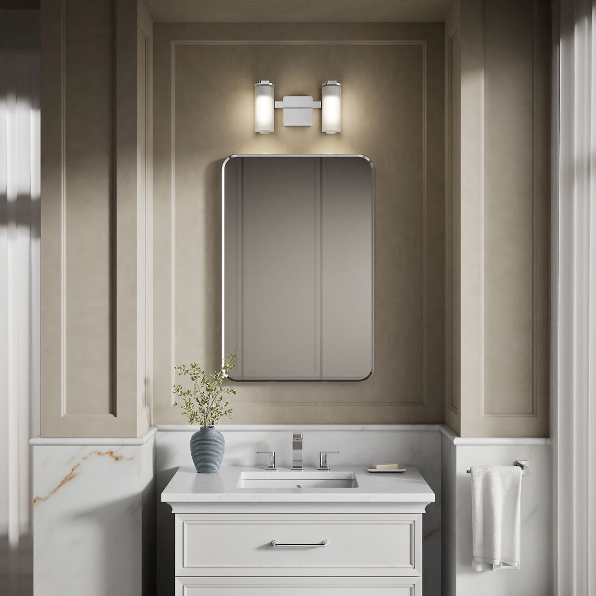 KOHLER K-35114-SC02 Parallel Two-light Sconce, Polished Chrome - Products in use in close room view