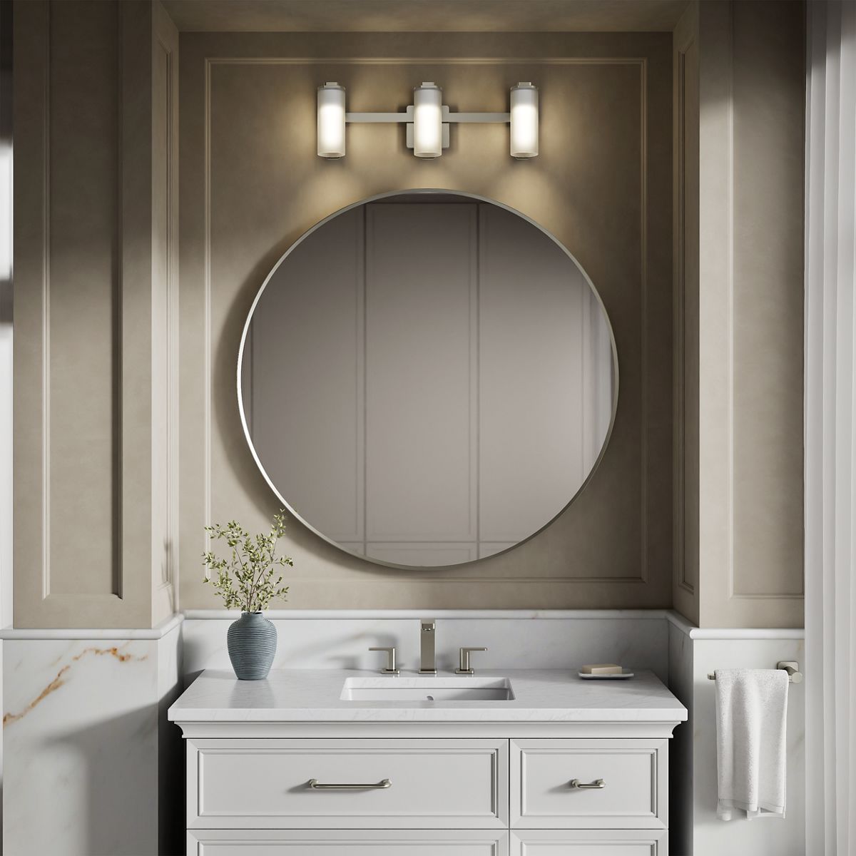 KOHLER K-35115-SC03 Parallel Three-light Sconce, Brushed Nickel - Products in use in close room view