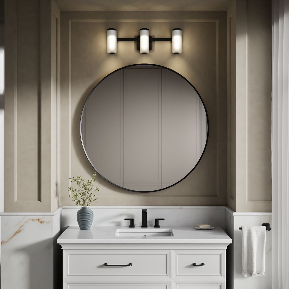 KOHLER K-35115-SC03 Parallel Three-light Sconce, Matte Black - Products in use in close room view