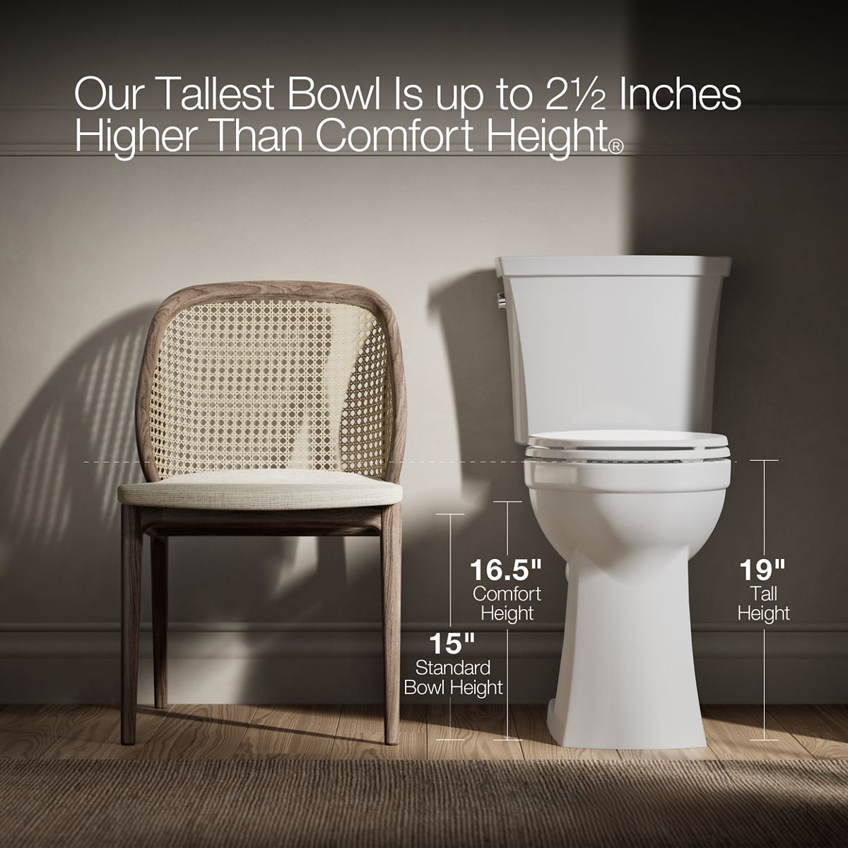 KOHLER K-35717 Highline Tall Two-piece Round-front Toilet, 1.6 GPF, Biscuit - Detail image of a product feature