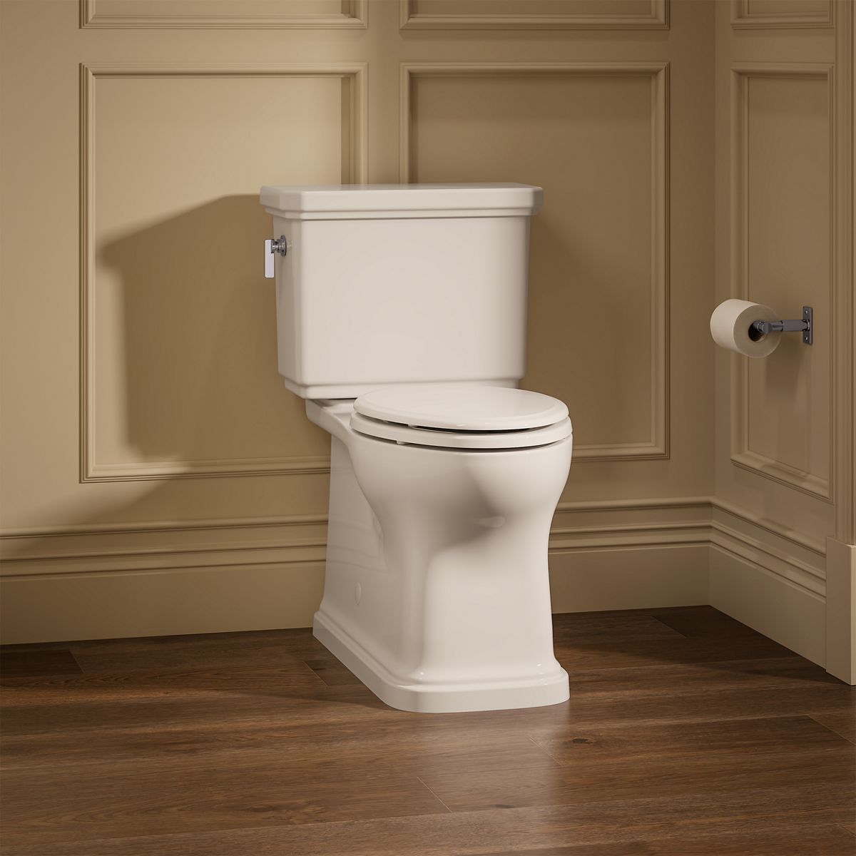 KOHLER K-35960 Claude Two-piece Elongated Toilet with Skirted Trapway, 1.28 GPF, Dune - image focused on single product story