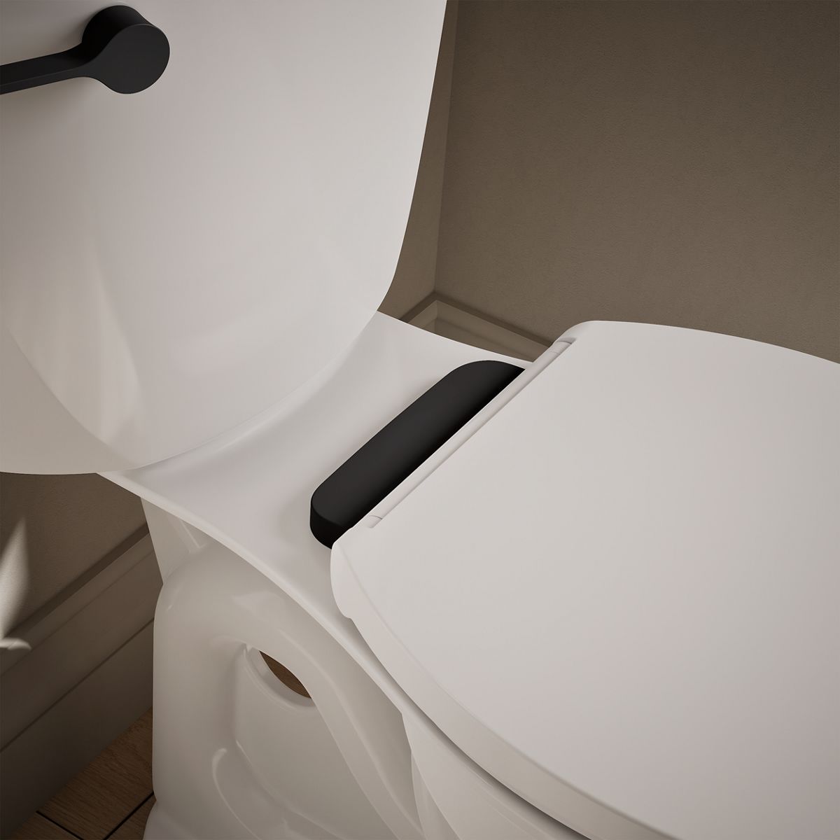 KOHLER K-36593-BL Covert ReadyLatch® Quiet-Close™ Elongated Toilet Seat, White - Shows close up detail of product in room