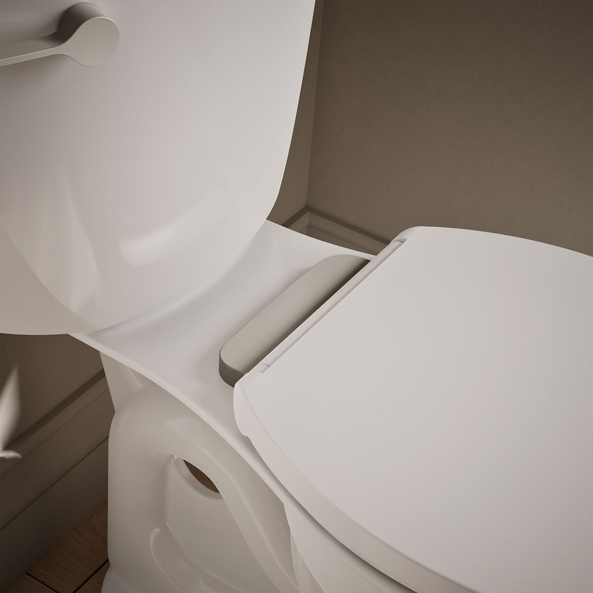 KOHLER K-36593-BN Covert ReadyLatch® Quiet-Close™ Elongated Toilet Seat, White - Shows close up detail of product in room