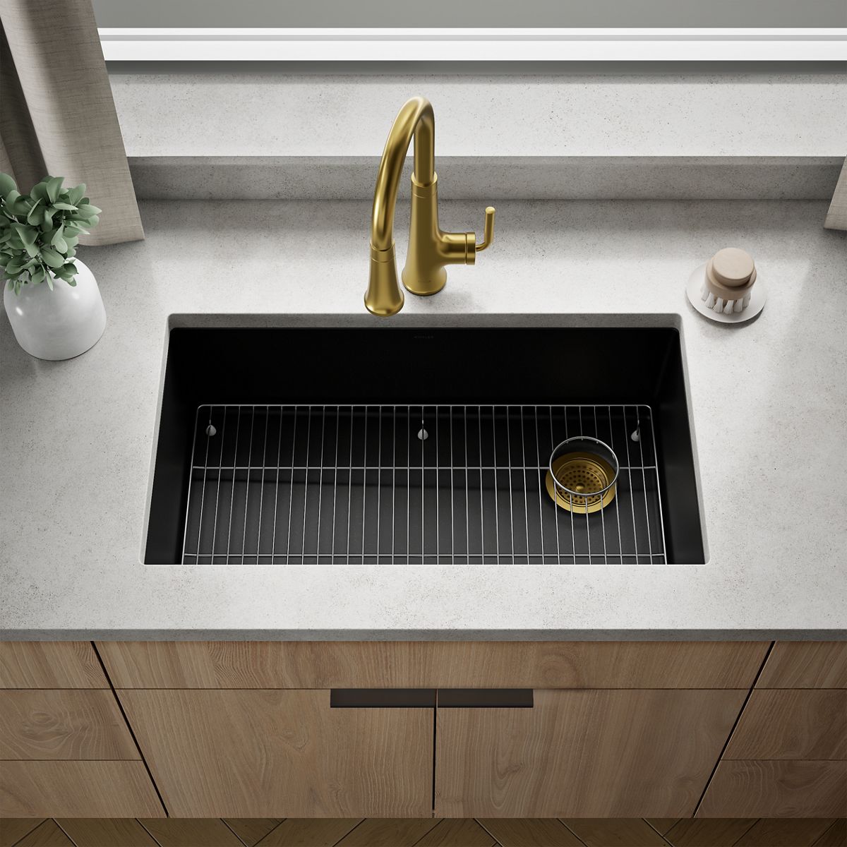 KOHLER K-36747 Billings 32-1/2" Undermount Single-bowl Kitchen Sink, Matte Black - Shows close up detail of product in room