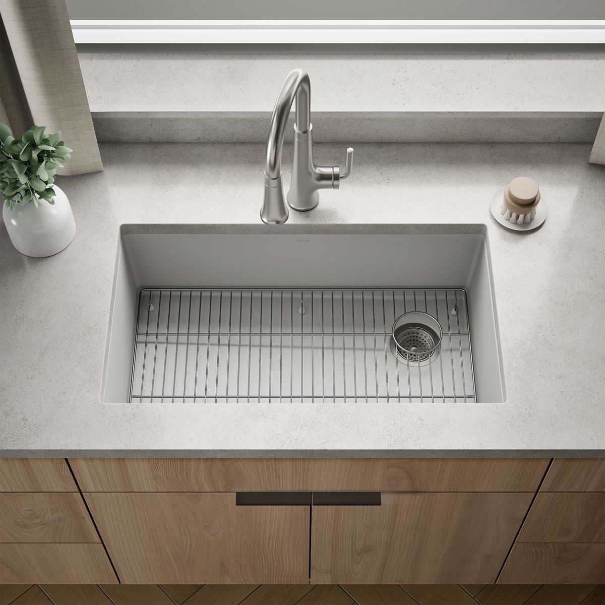 KOHLER K-36747 Billings 32-1/2" Undermount Single-bowl Kitchen Sink, Matte White - Shows close up detail of product in room