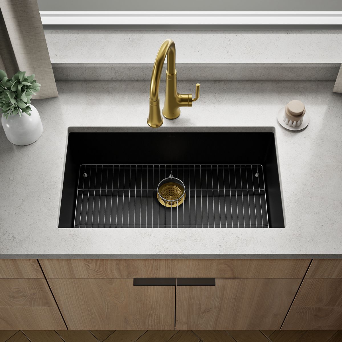 KOHLER K-36748 Billings 32-1/2" Undermount Single-bowl Kitchen Sink, Matte Black - Shows close up detail of product in room