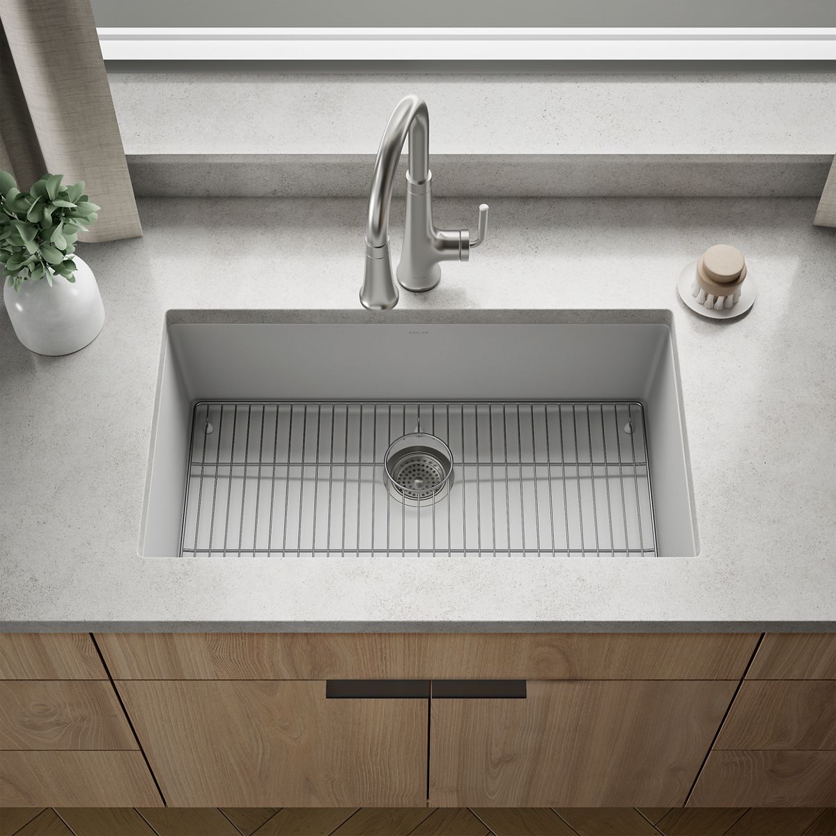 KOHLER K-36748 Billings 32-1/2" Undermount Single-bowl Kitchen Sink, Matte White - Shows close up detail of product in room