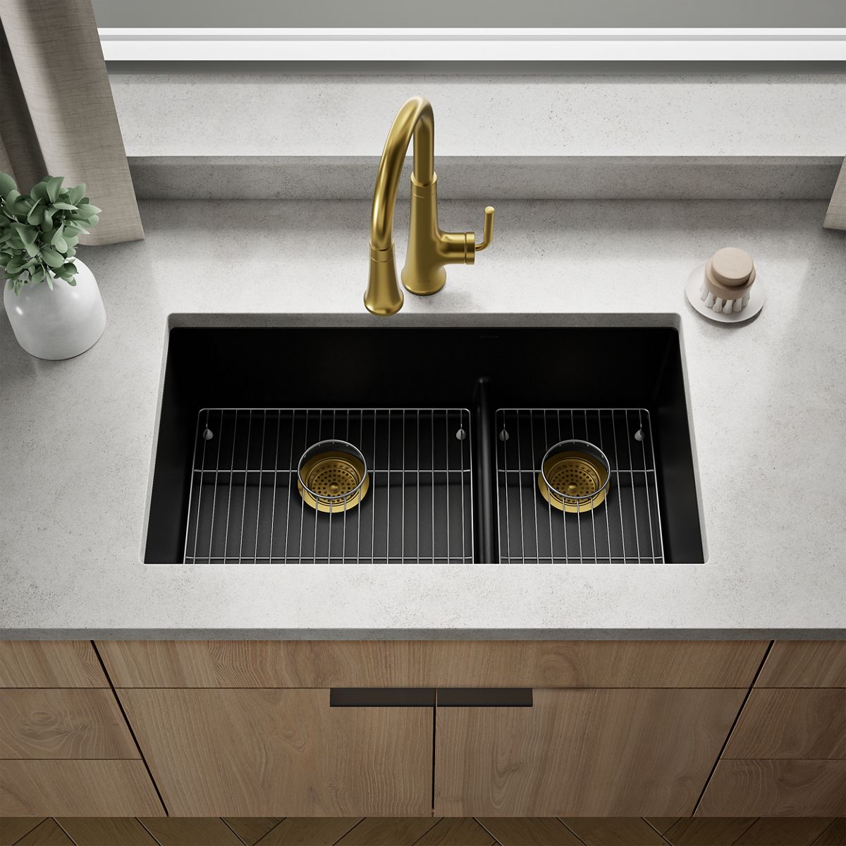 KOHLER K-36749 Billings 32-1/2" Undermount Double-bowl Kitchen Sink, Matte Black - Shows close up detail of product in room