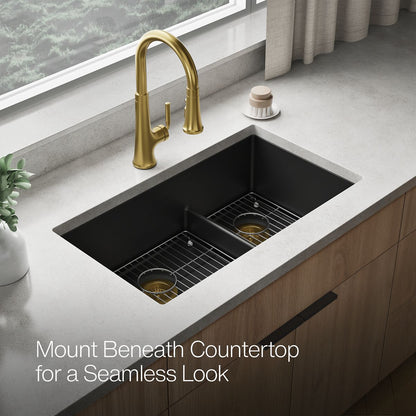 KOHLER K-36749 Billings 32-1/2" Undermount Double-bowl Kitchen Sink, Matte Black - image focused on single product story