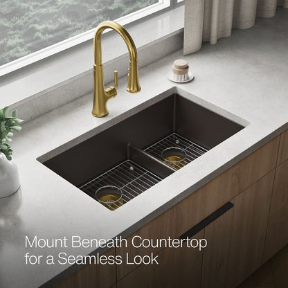 KOHLER K-36749 Billings 32-1/2" Undermount Double-bowl Kitchen Sink, Matte Brown - image focused on single product story