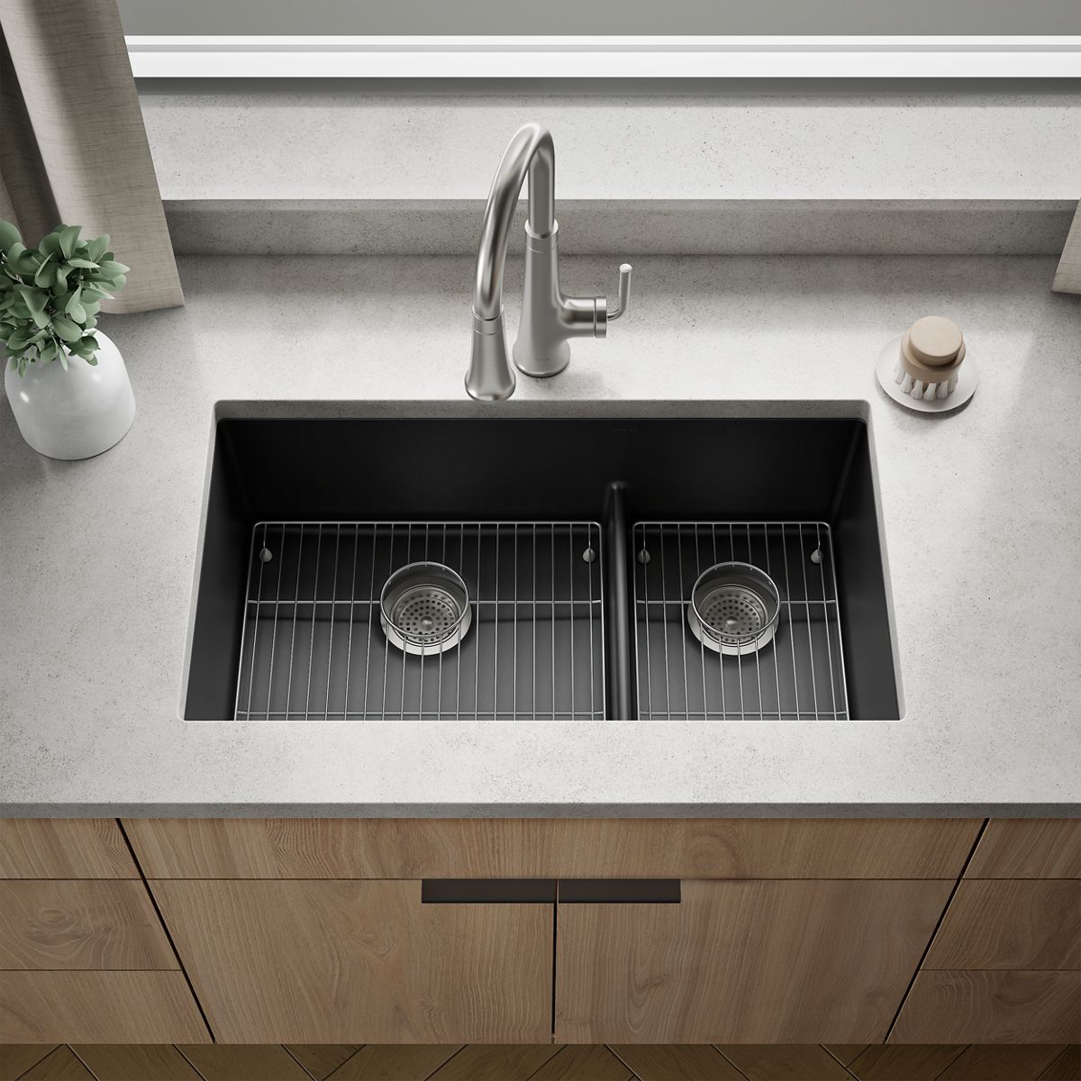 KOHLER K-36749 Billings 32-1/2" Undermount Double-bowl Kitchen Sink, Matte Graphite - Shows close up detail of product in roo