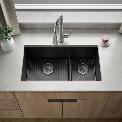 KOHLER K-36749 Billings 32-1/2" Undermount Double-bowl Kitchen Sink, Matte Graphite - Shows close up detail of product in roo
