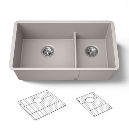 KOHLER K-36749 Billings 32-1/2" Undermount Double-bowl Kitchen Sink, Matte Taupe - 3/4 view of product