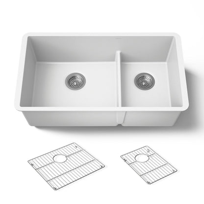 KOHLER K-36749 Billings 32-1/2" Undermount Double-bowl Kitchen Sink, Matte White - 3/4 view of product