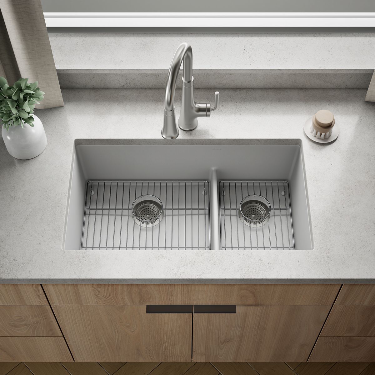 KOHLER K-36749 Billings 32-1/2" Undermount Double-bowl Kitchen Sink, Matte White - Shows close up detail of product in room